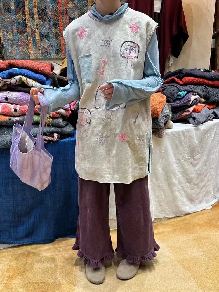 

Осенний женский жилет оверсайз из хлопка и льна с мультяшной вышивкой, бежевый с синим, винтажный, больших размеров, модный топ