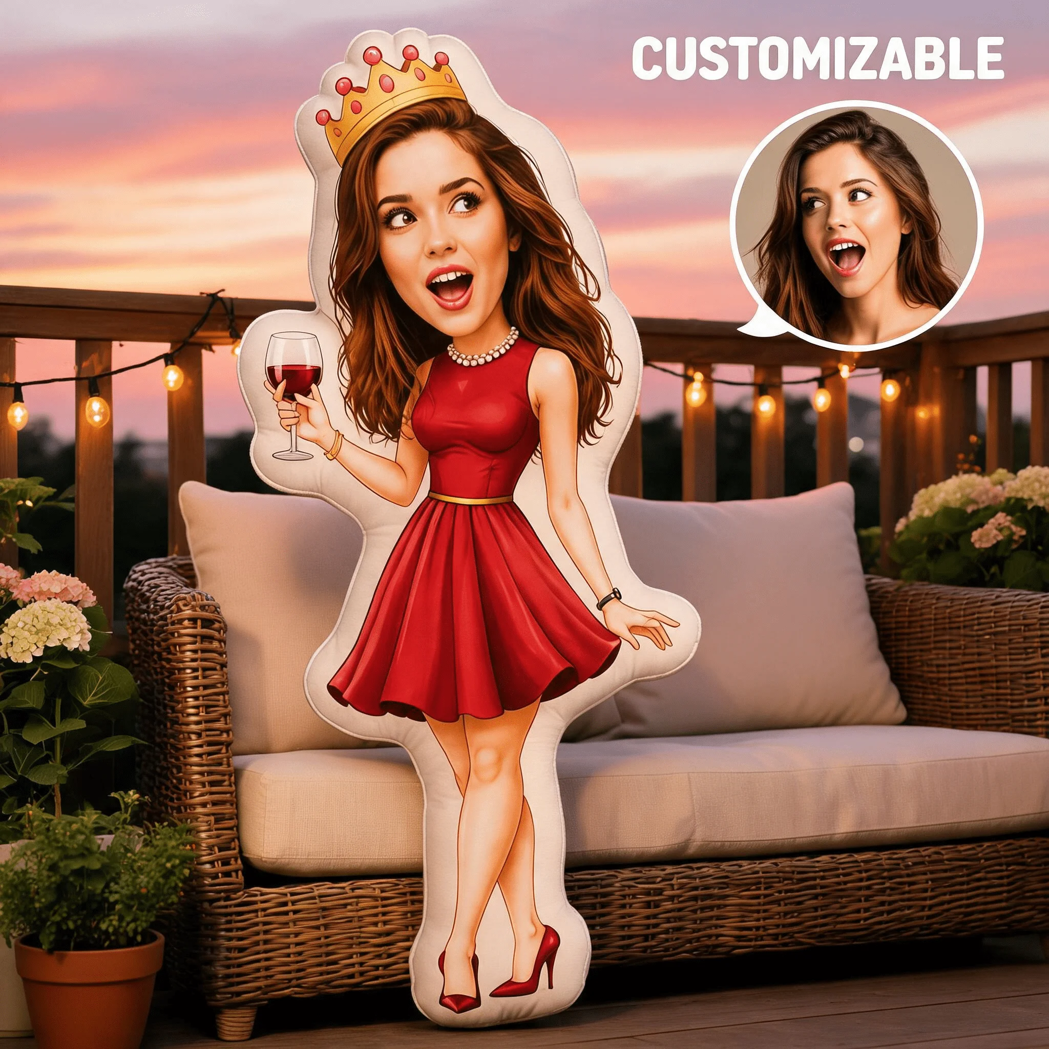 Custom Personalized Photo Shaped Pillow, Funny Queen Style Red Dress Custom Face Decorative Cushion, Unique Home Decor Accent fo