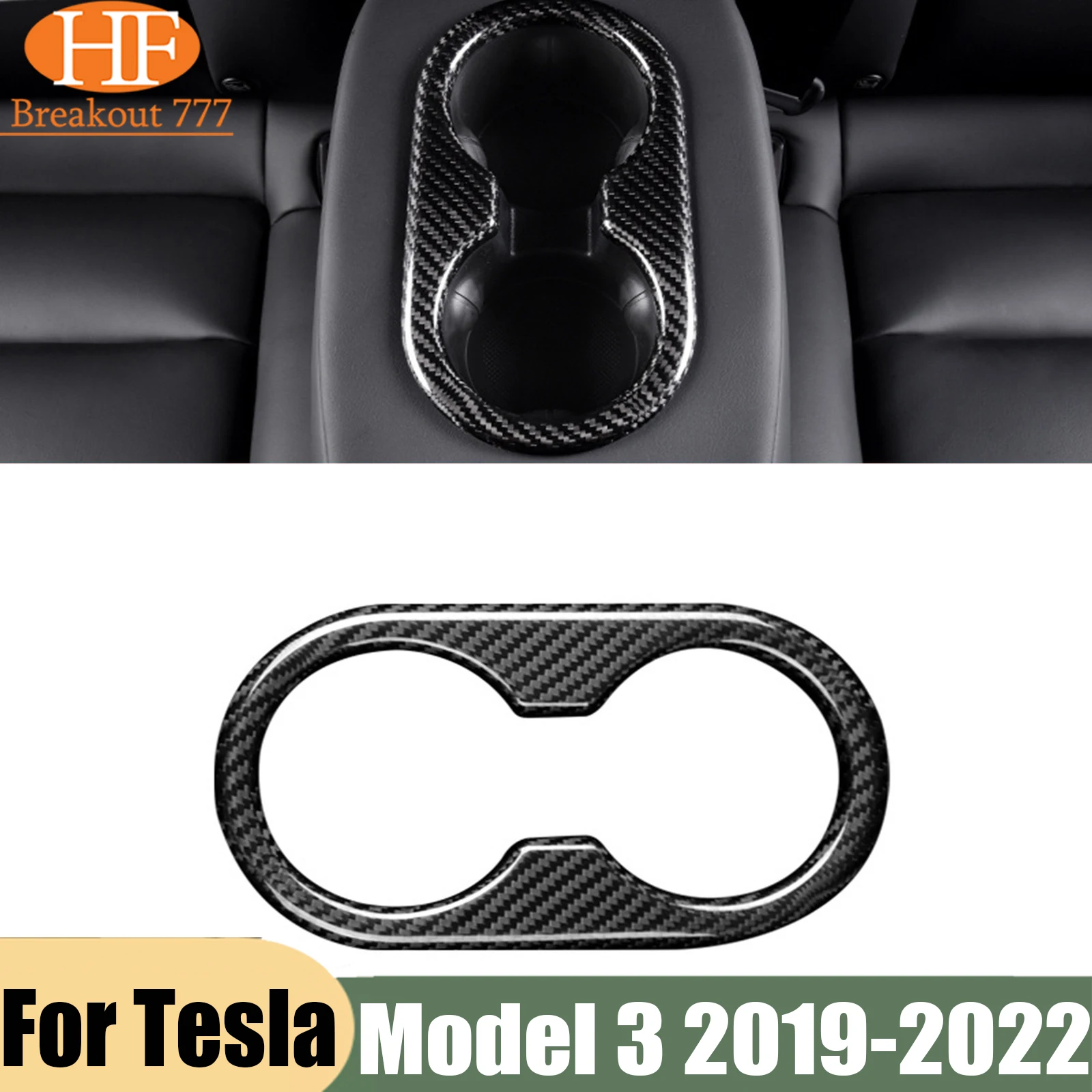 Real Carbon Fiber Car Rear Armrest Water Cup Holder Cover Trim Sticker Car Accessories For Tesla Model 3 / Y 2019-2022