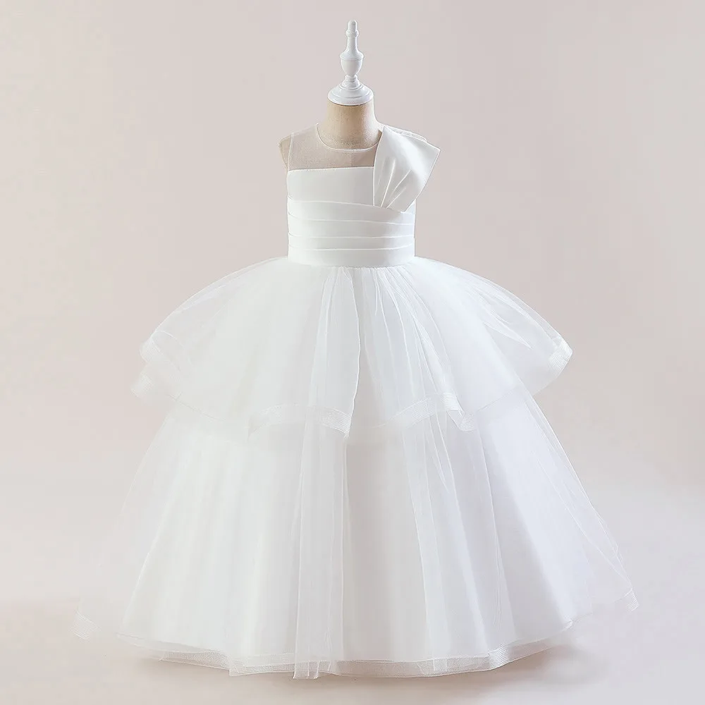 4-14 Years White Wedding Bridesmaid Party Dress For Flower Girls Kids Tulle Princess Prom Gown Birthday Clothes Evening Costumes