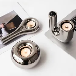 Luxury Electroplating Silver Candlestick Holder Modern Living Room Office Art Decoration Creative Ceramic Cylinder Candle Holder