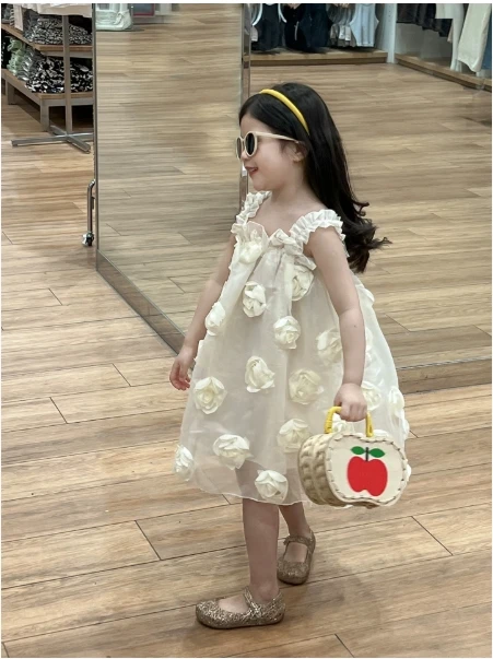 

Girls Skirt 2025 Summer New Childrens Clothing Korean Style Girl Baby Net Yarn Three-dimensional Flower Lace Collar Dress