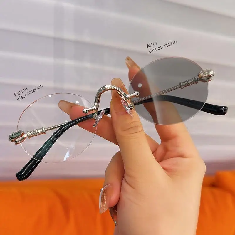 Fashion Frameless Edge-cut Glasses Trendy Photochromic Myopia Glasses Outdoor Sun Shades Eyewear Women Anti-blue Light Eyewear