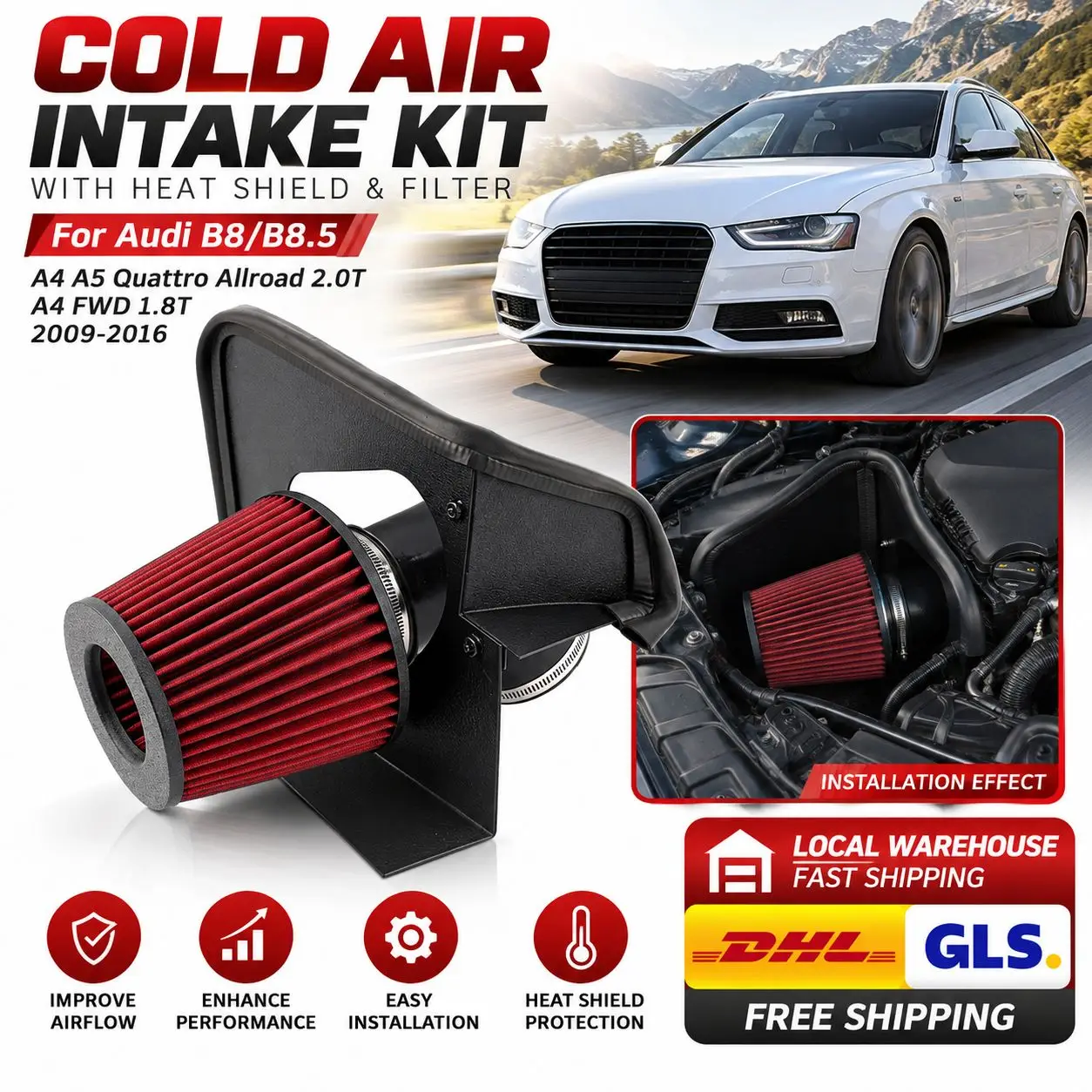 For Audi B8/B8.5 A4 A5 Quattro All-Road 2.0T A4 FWD 1.8T 2009-2016 Engine Cold Air Intake Kit with Heat Shield Filter