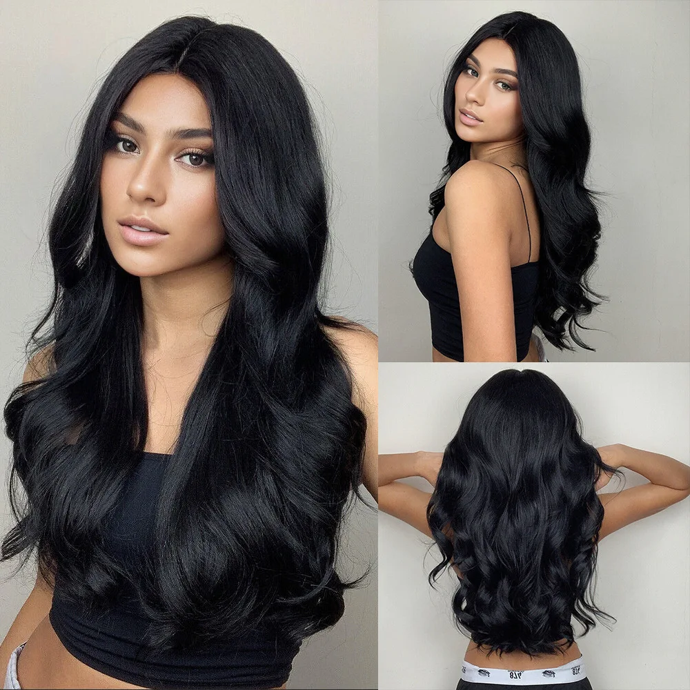 

Black new synthetic wig with bangs big waves long curly hair Cosplay party high temperature silk daily wig full head cover
