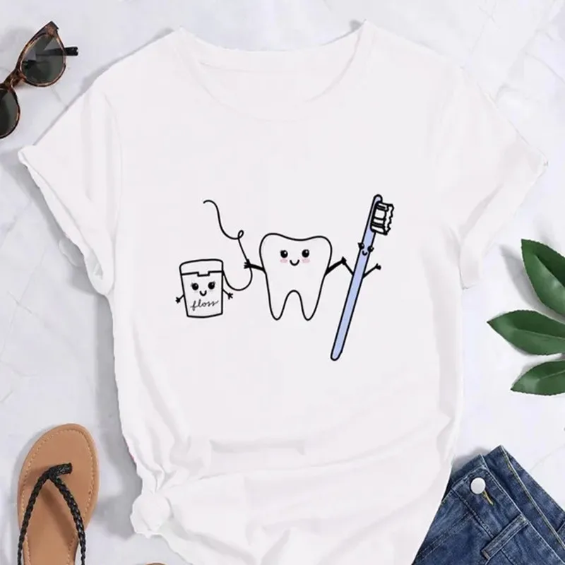 Tooth and Dentist Graphic Aesthetic Women Funny Print Ladies T-shirt Girl Y2K Harajuku Basis O-collar White Shirt Short Casual