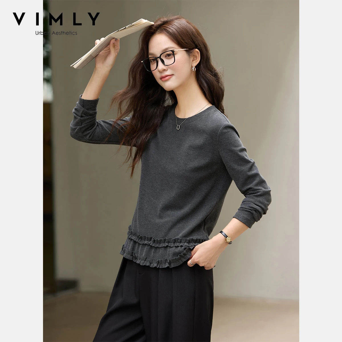 VIMLY Gray Brushed Knit Woman T-shirts 2026 Winter New Elegant Double Layer Ruffle Trim Tops Round Neck Casual Female Tees A3178