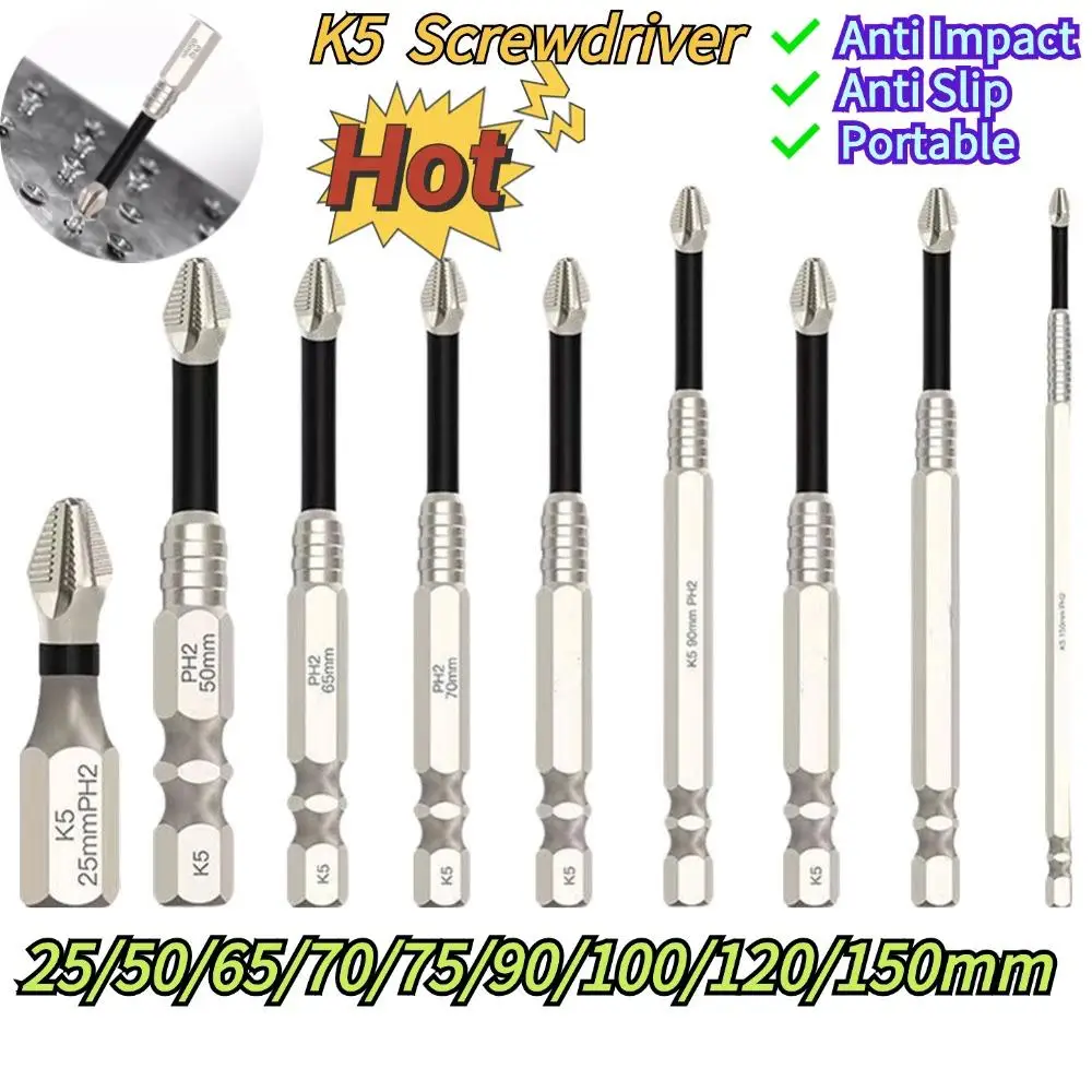 25/50/65/70/75/90/100/120/150mm K5 Anti Impact Anti Slip Screwdriver With Threaded Cross Shaped Strong Magnetic Drill Head