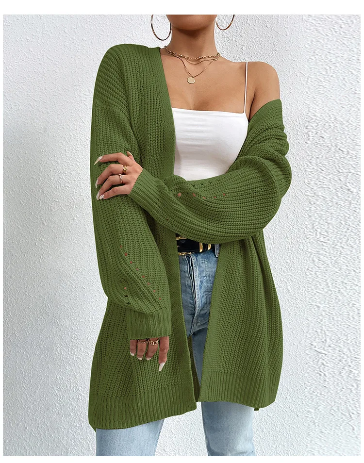 New Autumn And Winter Fashion Women\'s Long Sleeved Mid Length Sweater Jacket Knitted Cardigan V-neck Gray Knitted Cozy Sweater