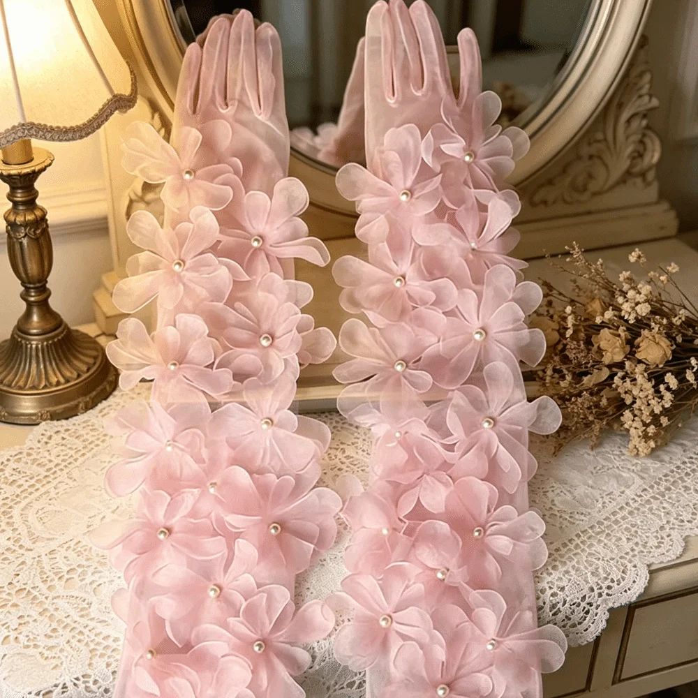 Transparent Mesh Three-Dimensional Floral Gloves Elegant Pearl Long Gloves Thin Lace Bridal Gown Accessories Wedding Adornments