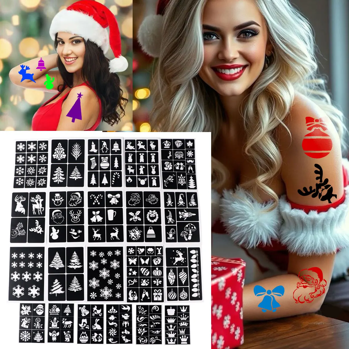 

21 листов временных шаблонов для татуировок, набор трафаретов, для макияжа лица и тела своими руками, подарки на канун Рождества, товары для вечеринок