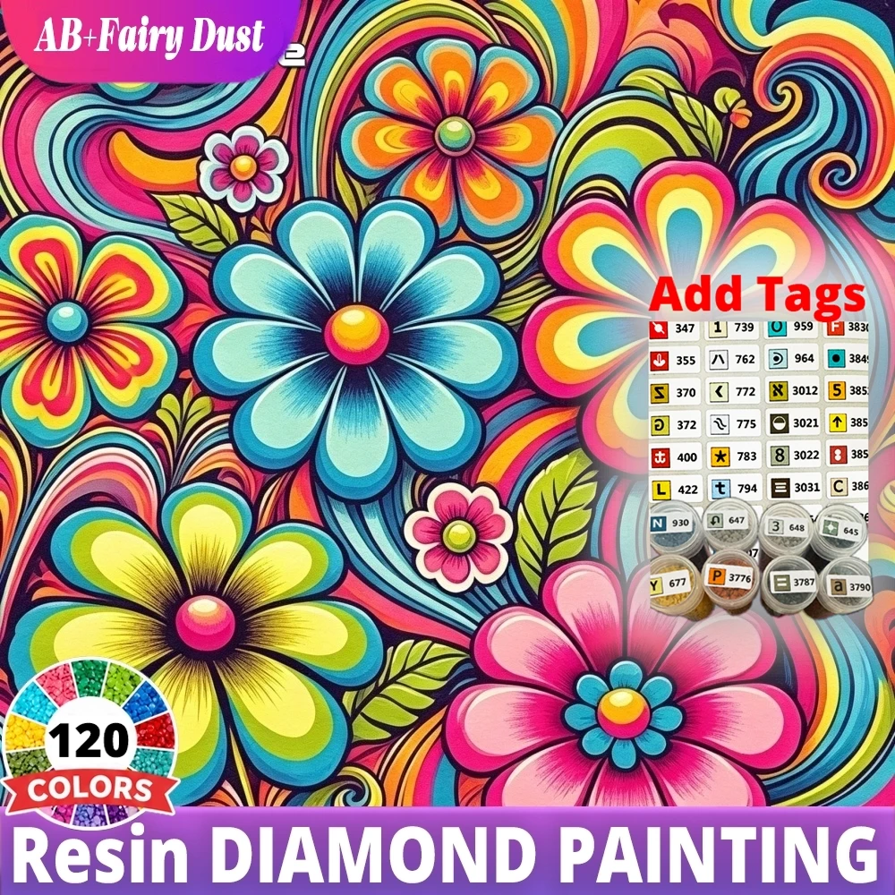 120 Color Resin Psychedelic Swirling Flowers Abstract Fantasy AB Fairy Dust Diamond Painting Kit Full Square Mosaic Home Decor