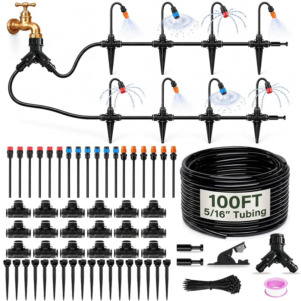 Quick-Connect Automatic Bendable Watering Misting System with 3 Spray Nozzle Types 360° Adjustable Drip Irrigation System Kit