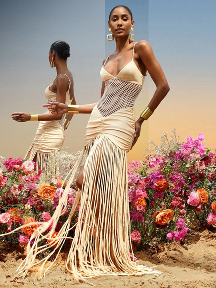 Strano Puss Moda Sexy Hollow Maxi Dress Donna Collo basso Backless Senza maniche Taseel Increspato Skinny Peach Hip Prom Party Abiti