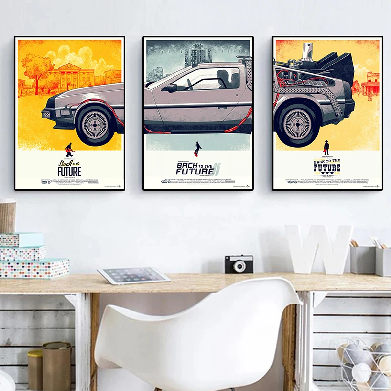 3PC frameless Back To The Future Car Poster Paintings Silk Canvas Print Classic Movie Pictures Home Decor