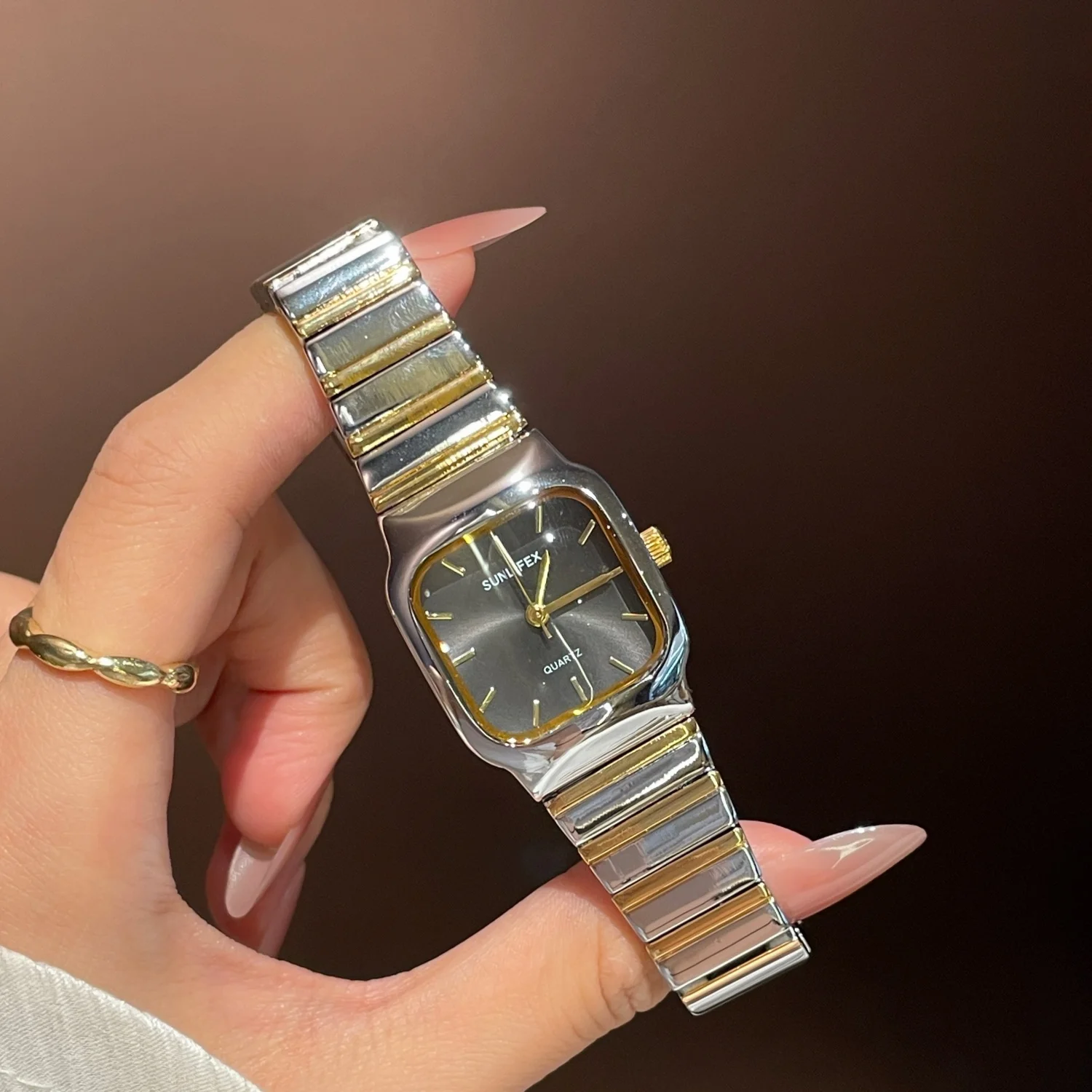 SUNLIFEX, pulsera de acero inoxidable, relojes para mujer, esfera cuadrada, relojes de pulsera de cuarzo para mujer, reloj de vestir de marca superior a la moda para mujer