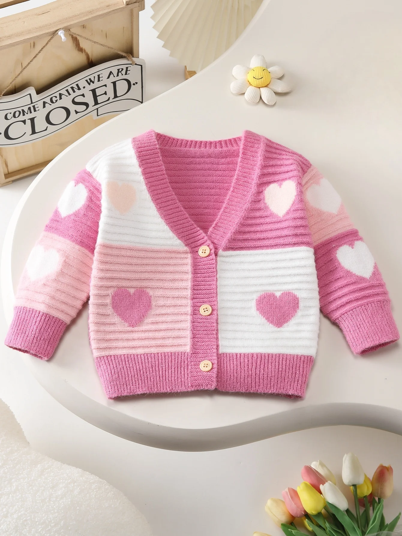 

Baby Girl Cardigan Sweater Pink White Colorblock Sweet Princess Heart Pattern Acrylic A-Class Knitted Toddler Fashion Coat