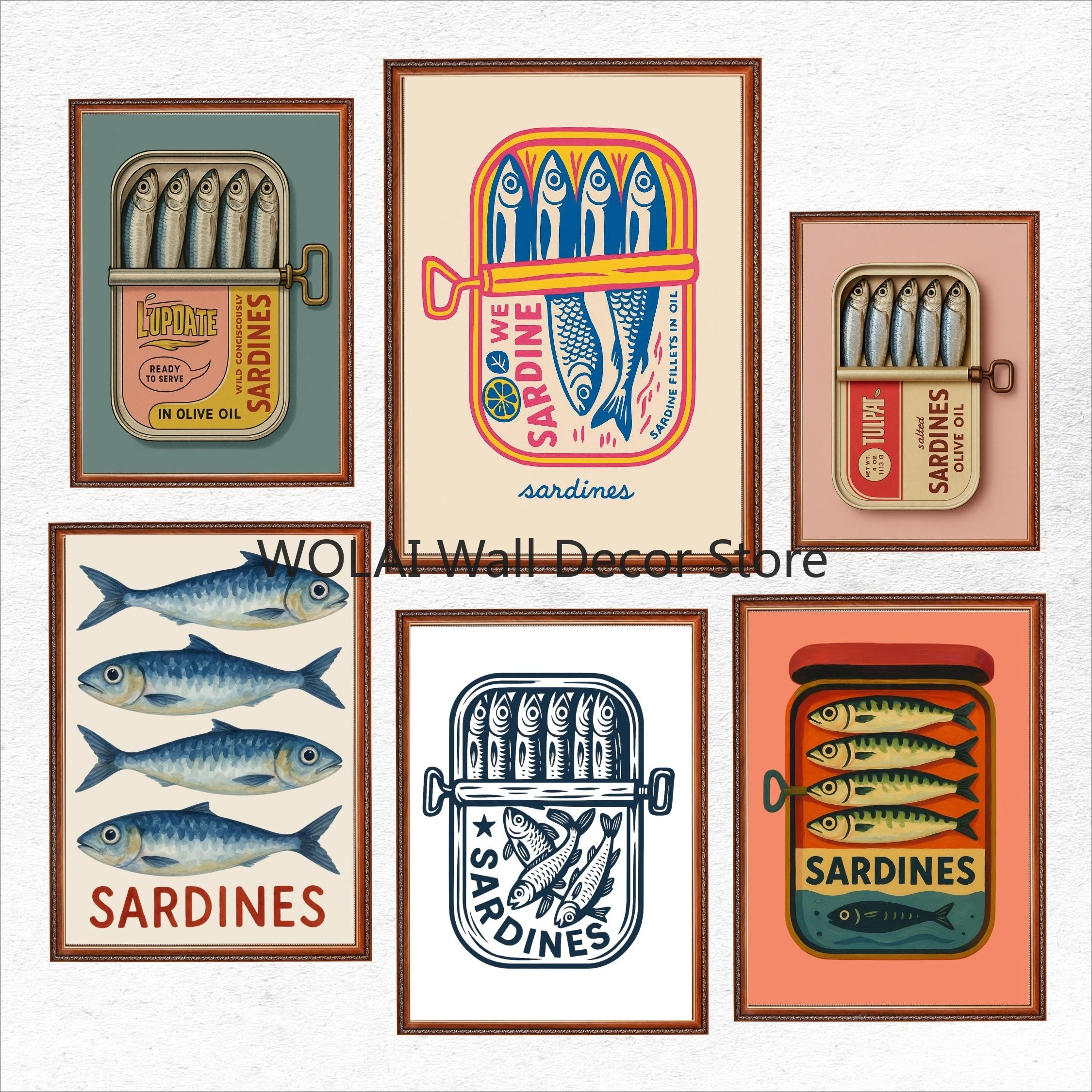 Sardine Art Canvas Print Retro Greek Food Kitchen Maximalist Wall Art Poster for Modern Living Room Dining Room and Home Decor