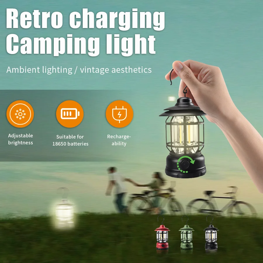 ضوء LED خارجي عتيق للتخييم ، يدوم طويلاً ، سطوع قابل للتعديل ، شحن USB