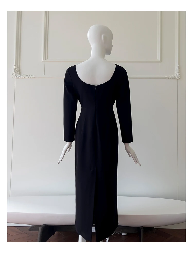 

Ele Bla Long Sve Dr Hepburn Sle Retro Design Sensation Ne Scarf Slimming High Waist Polyurethane Fiber Dr