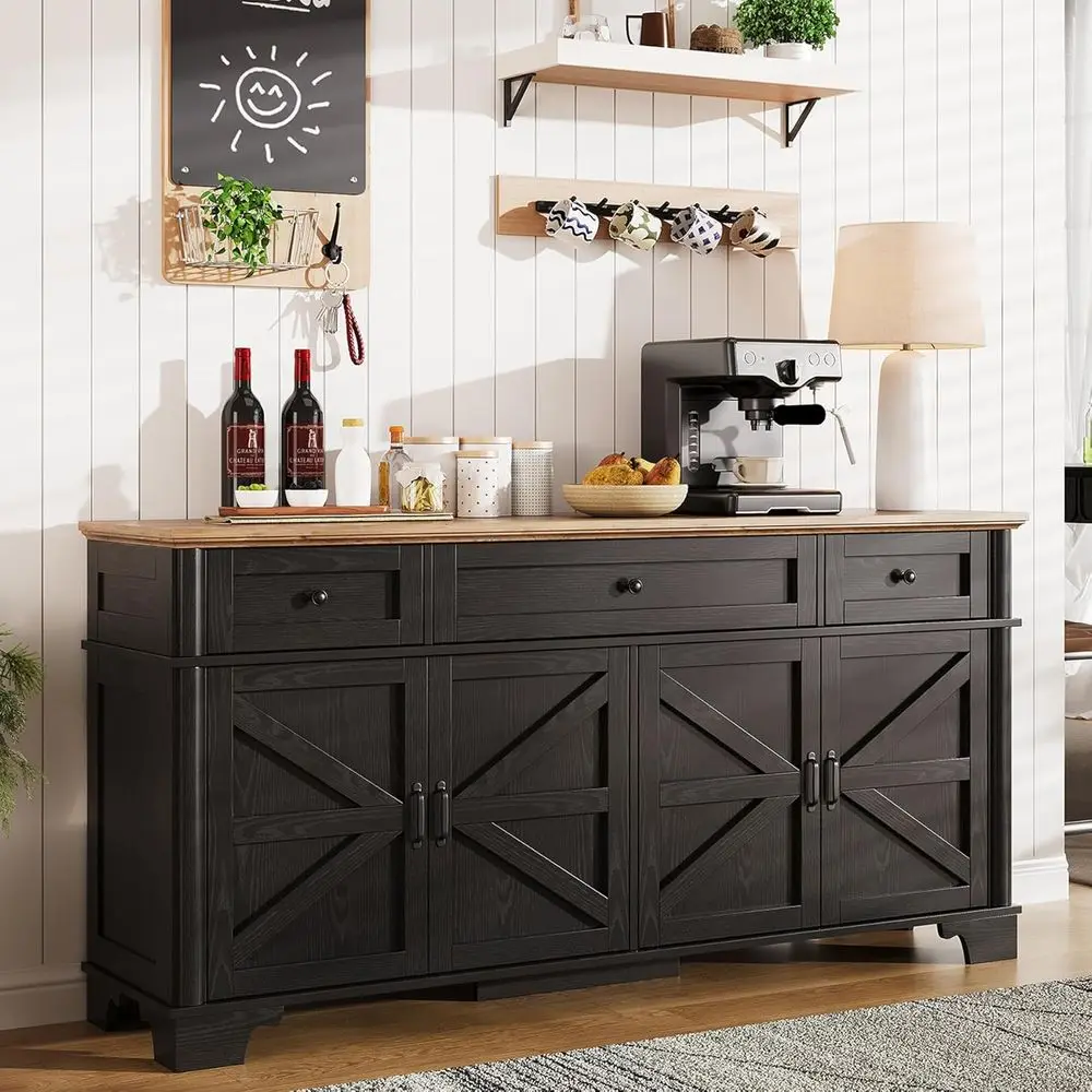 

65 Black Sideboard with Storage, Adjustable Shelves, and 3 Drawers for Buffet Table, Coffee Bar, and Wine Storage in Kitchen or
