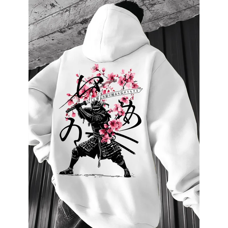 Sudadera con capucha con estampado de flor de cerezo samurái japonés para hombre, corte regular, estilo con cuello con capucha, color liso con estampados gráficos