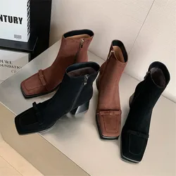 New Autumn Winter Sheep Suede Women Shoes Fashion Square Toe Short Boots for Women Chunky Heels Boots High Heels Women Shoes