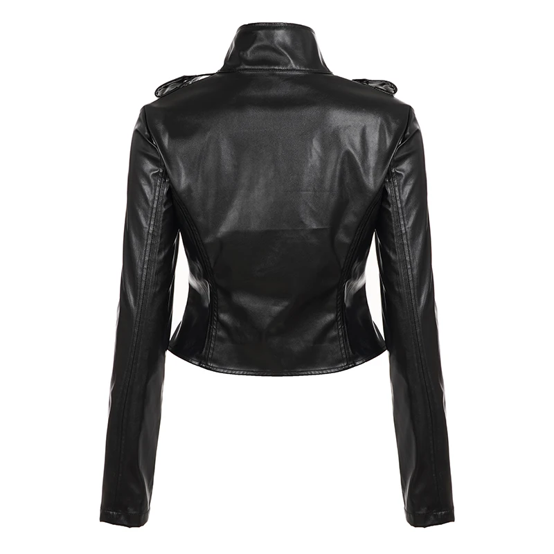 Černá bunda z umělé kůže se zipem, stojáček, slim fit, motorkářská bunda, Y2K, elegantní, ležérní, streetwear, umělá kůže, svrchní oblečení pro dámy - náhled 6