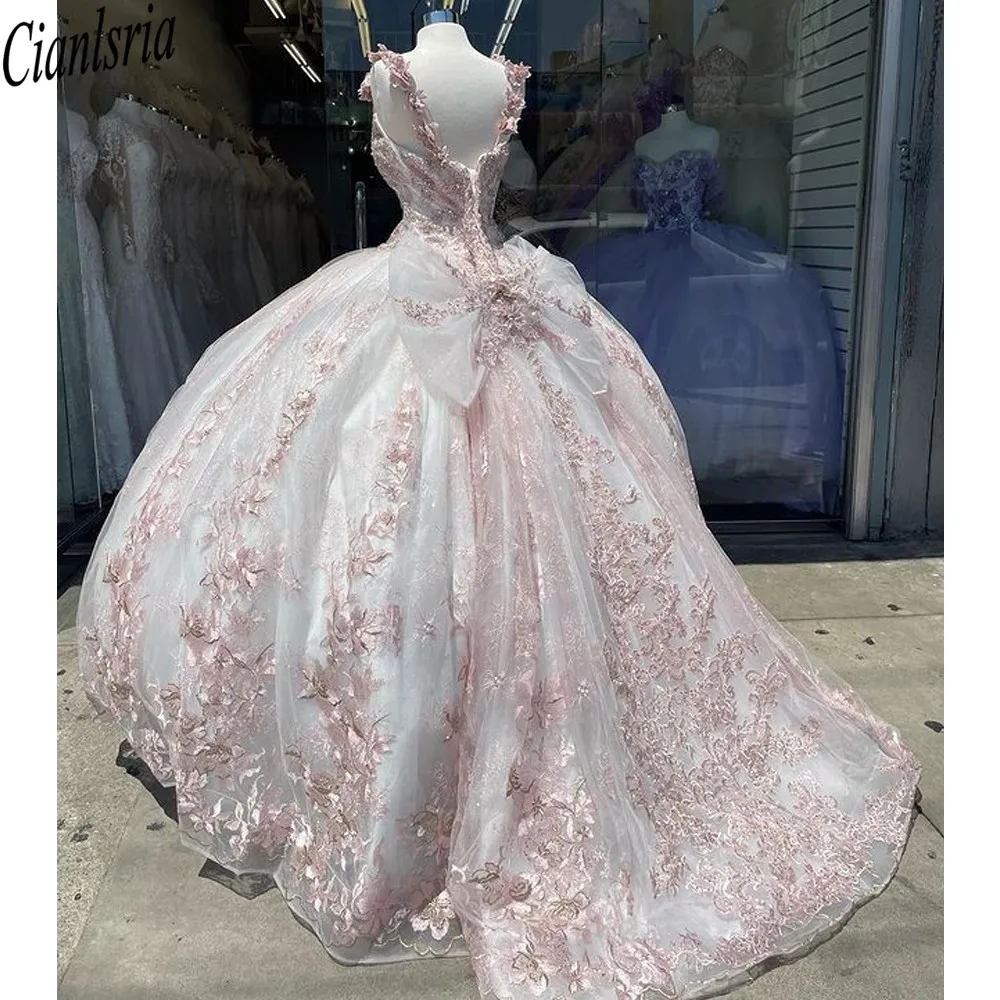 Vestido De quinceañera De princesa, apliques De flores ostentosas, rosa y blanco, fiesta dulce 16, 15 Años XV, 2022