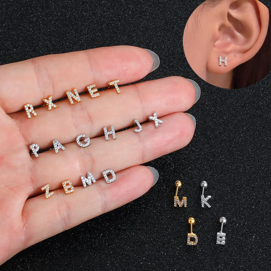 1Pcs Stainless Steel Zircon 26 Letters Ear Bone Stud Earrings For Women Retro Ear Piercing Jewelry jollas mujer