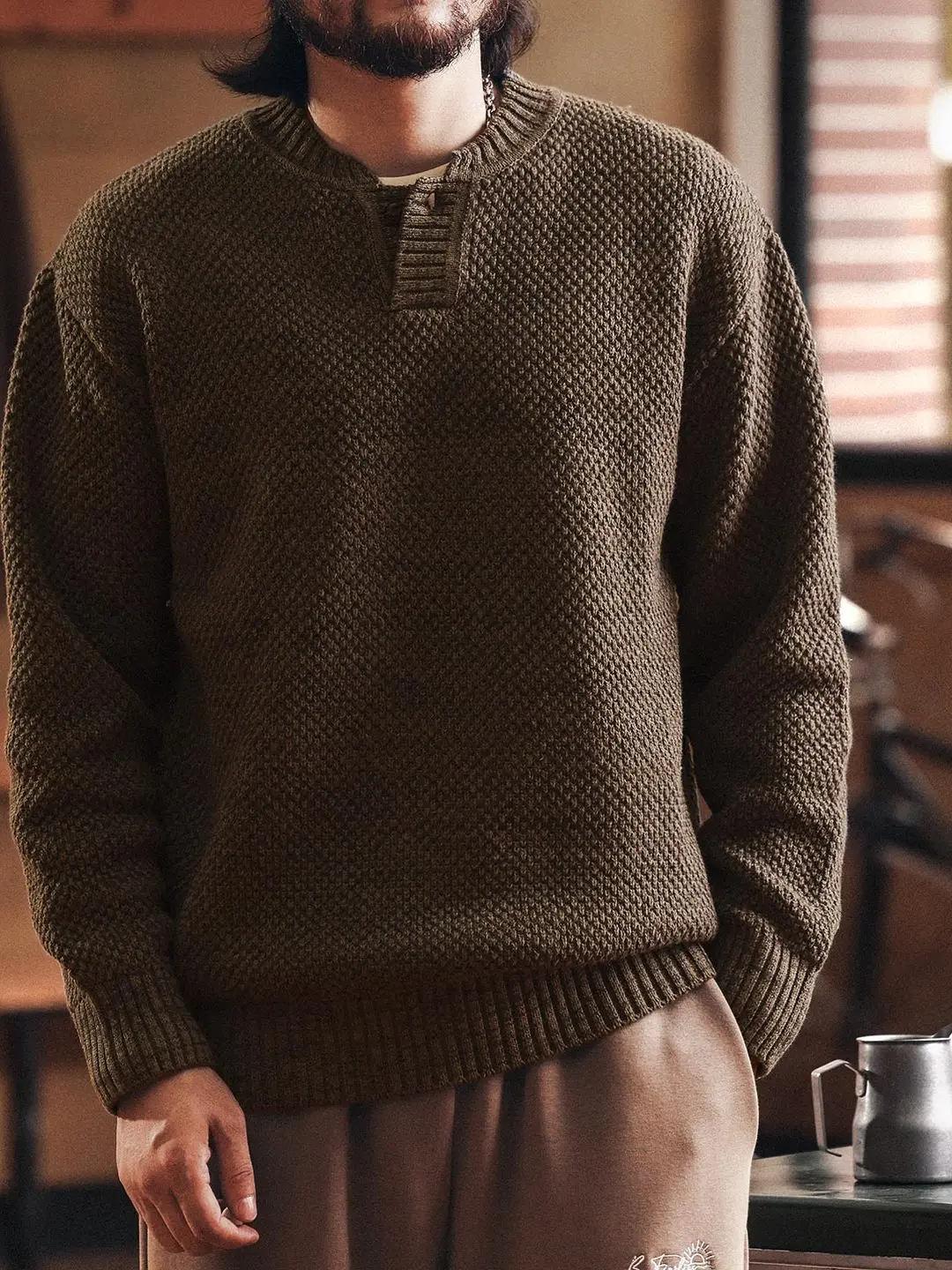 Vintage round Neck Knitwear Men's Autumn Fashion Pure Color Overhead Sweater Couples Loose Fit Warm Polyester Fiber Long Sleeve