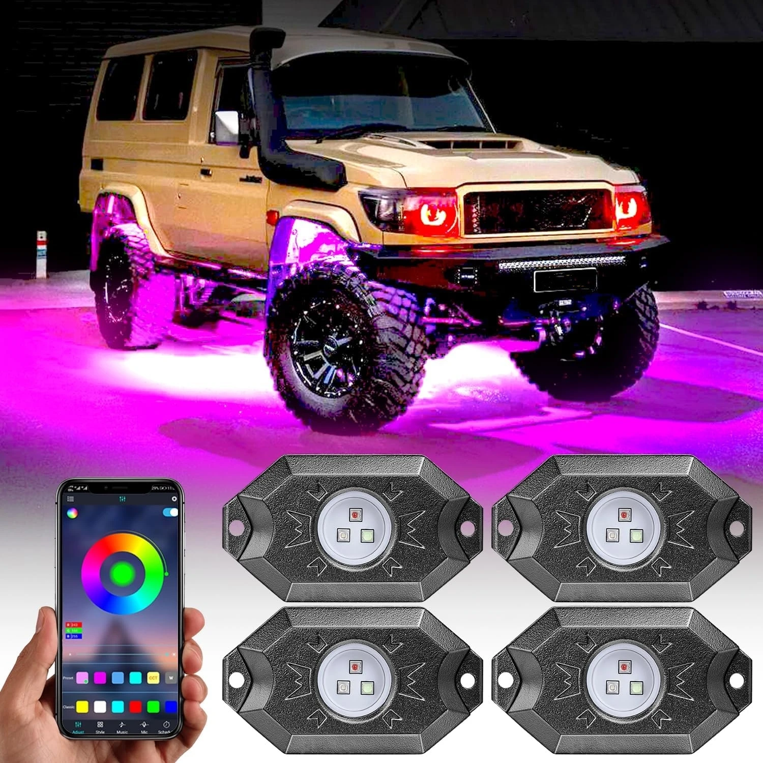 

4 Pods Multicolor Neon Light Waterproof Underglow Light Kit with APP Control Flashing Music Mode DIY Mode High Bright Wheel Well