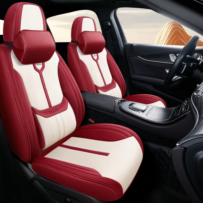 Deluxe 5-Seater Perforated PU Leather Auto Seat Covers - 2 Headrests & Lumbar Support, Wearproof & Easy-Clean