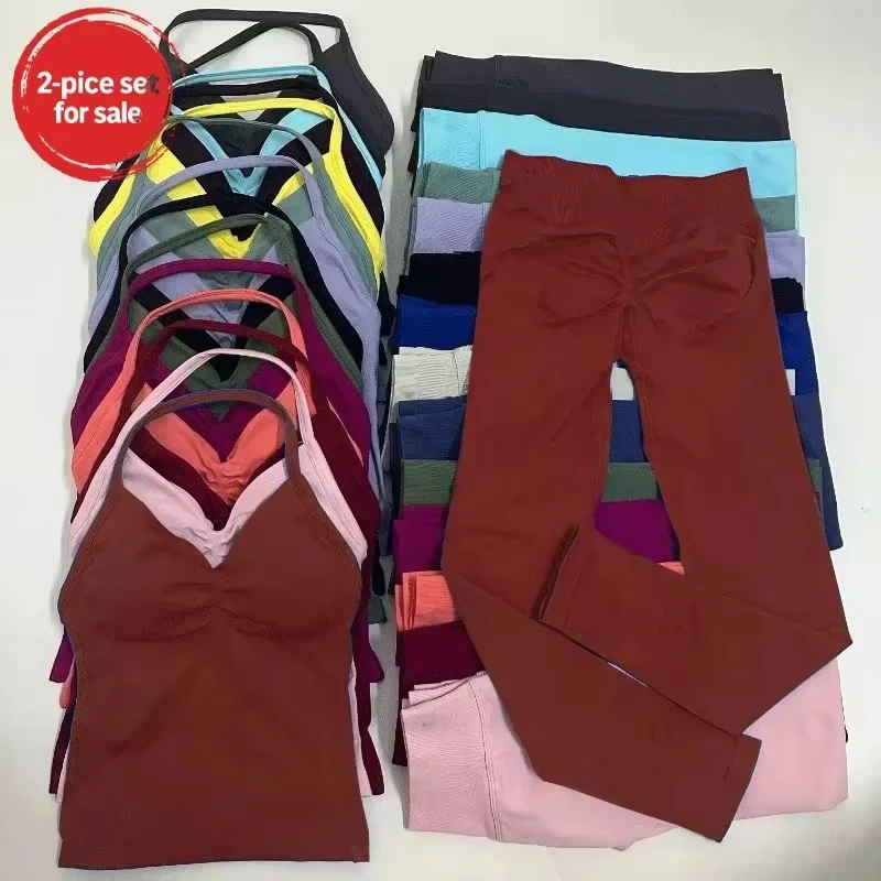 

2-Piece Yoga Set Ladies Gym Training Leggings and Neck Tank Yoga Fitness Seamless Set Pilates Clothes Workout Sportswear