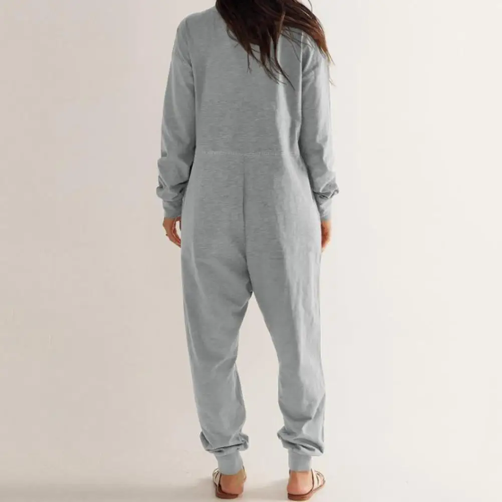 

Polyester Jumpsuit Cozy V-neck Jumpsuit with Pockets for Women Loose Fit Solid Color Winter Pajama with Crotch Ankle Bands Fall