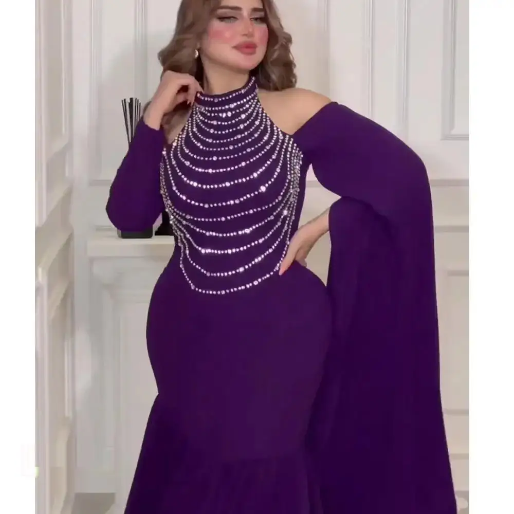 

Halter Prom Dress Full SLeeves With Ankle Length Evening Dress Women Birthday Wedding Party Formal Gowns Arabia