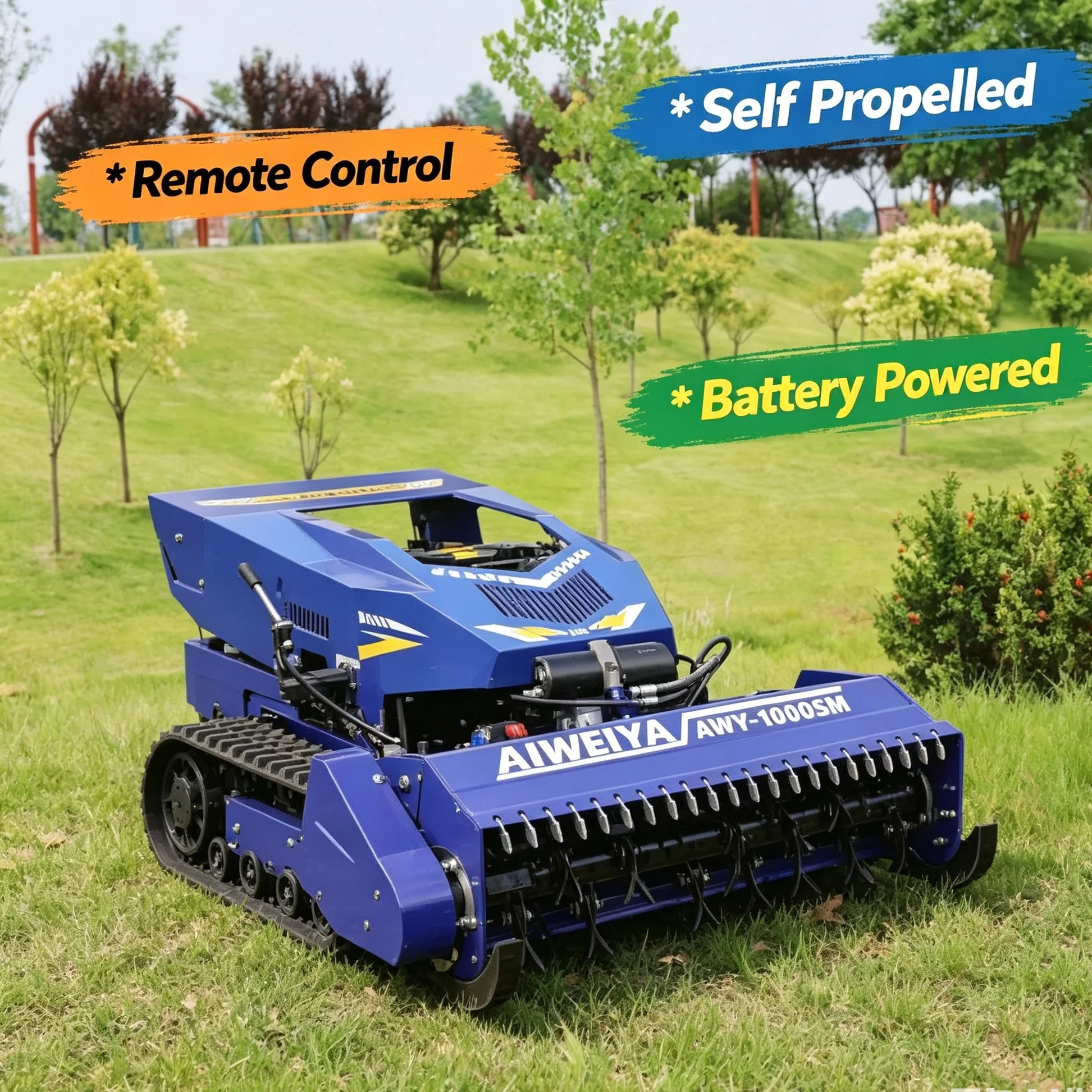 Customized industrial GPS remote controller manages tracked lawn mower, built-in storage rack holds snow shovel and other