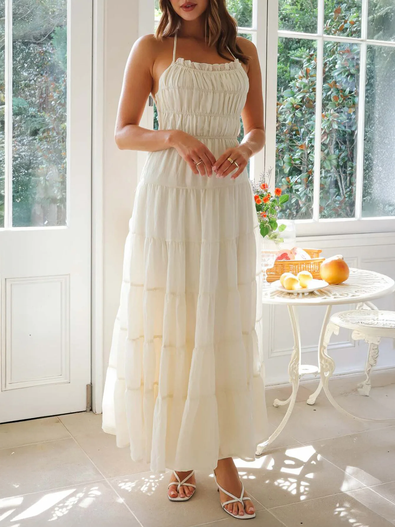 

Women's Summer Spaghetti Strap Dress Lace-up Backless Beach Party Dress Long Tiered Flowy Dresses