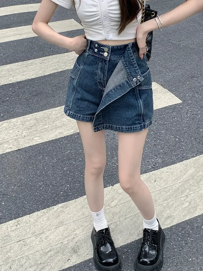 Y2K Vintage Women Korean Button Blue Short Denim Pants Mini Shorts Aesthetic Fairy Grunge High Waist Jeans A-line Alt Clothes