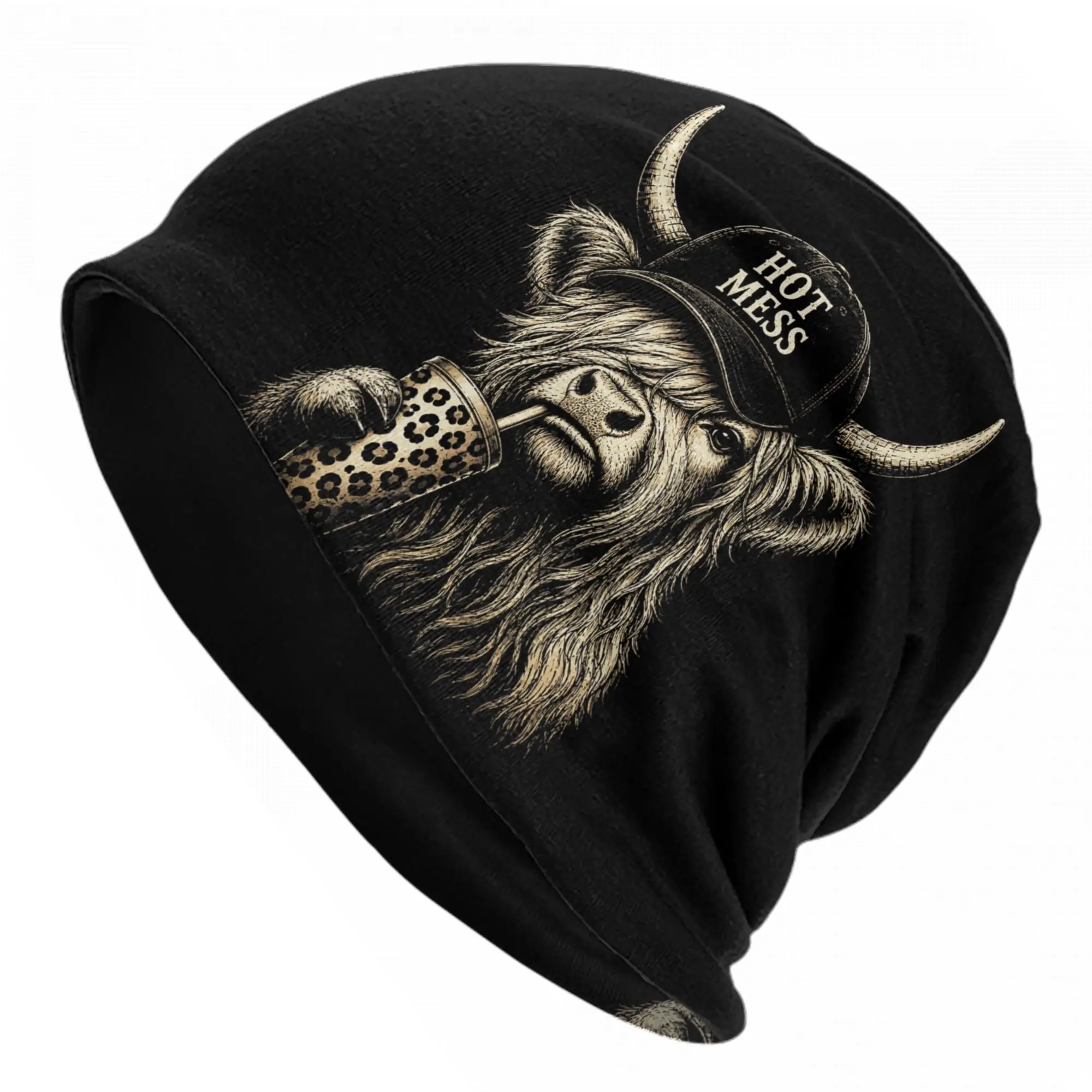 Highland Cow Funny Cute Coffee Lover Bonnet Hats Cool Outdoor Skullies Beanies Hats  Unisex Spring Dual-use Cap