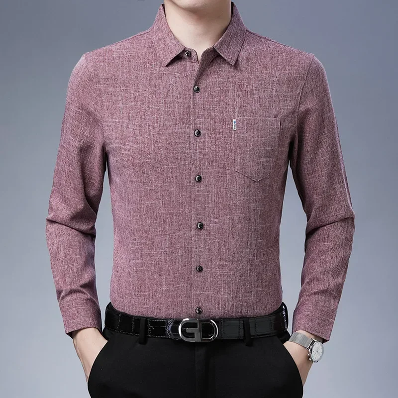 Camisa de linho imitação monocromática para homens de meia idade, True Pocket Dadset, moda casual, presente empresarial, 4 estações, sem engomar