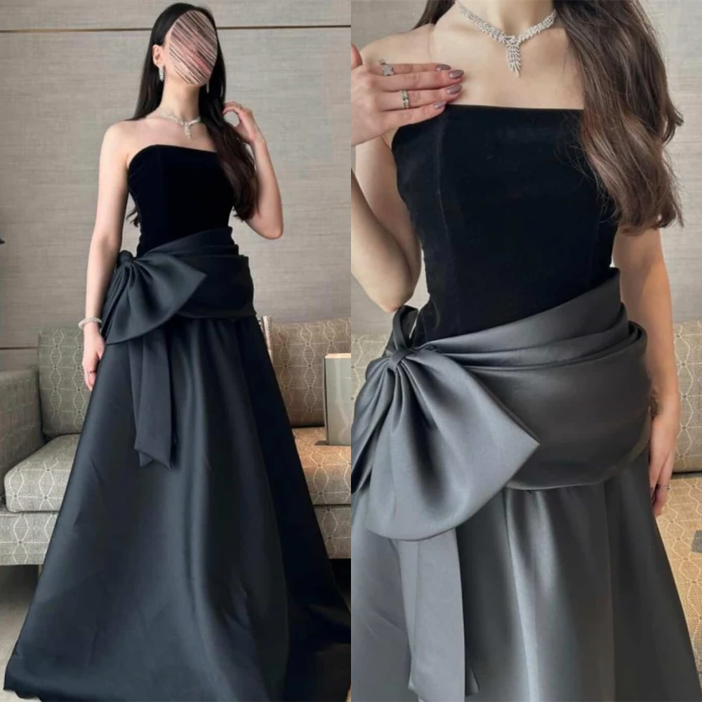 

Customized Simple Strapless Satin Evening Dress Classic Chapel Train Cocktail Dress Modern Bow Sleeveless Special Occasion Gowns