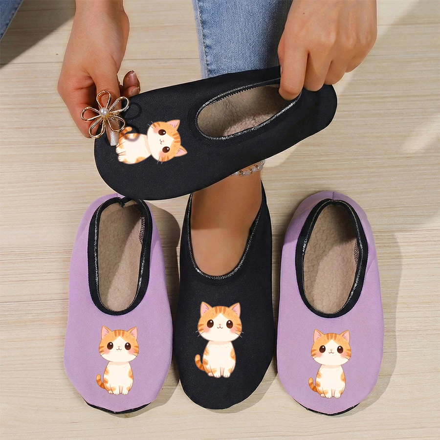 

Four season wearable couple cartoon kitten print with thin velvet lining, breathable, high elasticity, anti slip floor slippers