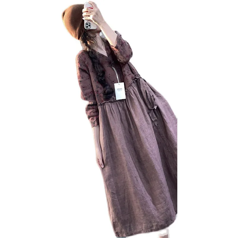 2023 Spring Summer New Arts Style Women V-neck Loose Long Dress Patchwork Design Cotton Linen Vintage Print A-line Dresses P251