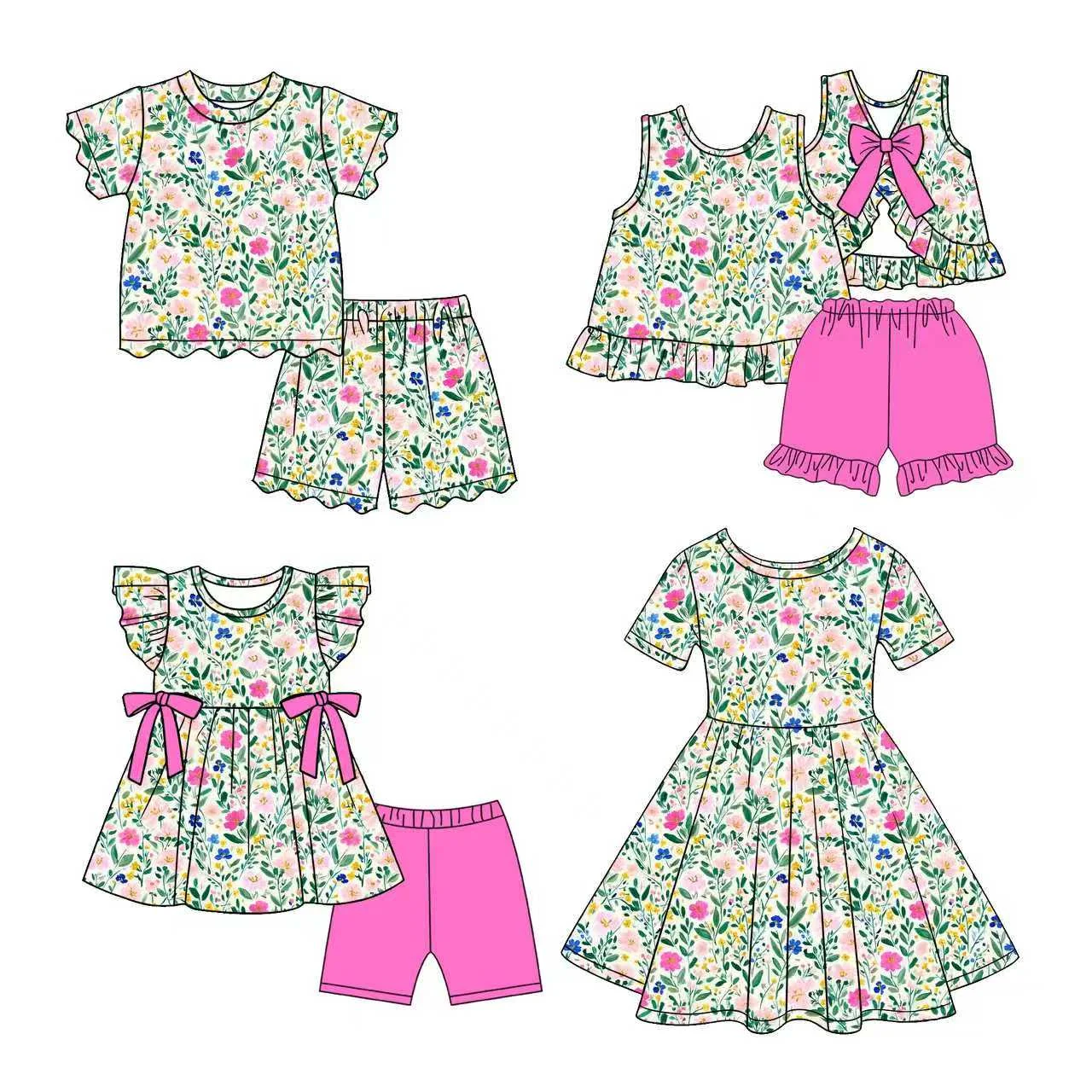 Colorful Floral Print Girls Summer Ruffled Short-sleeved Pink Shorts Boutiuque Set and Stylish Dress