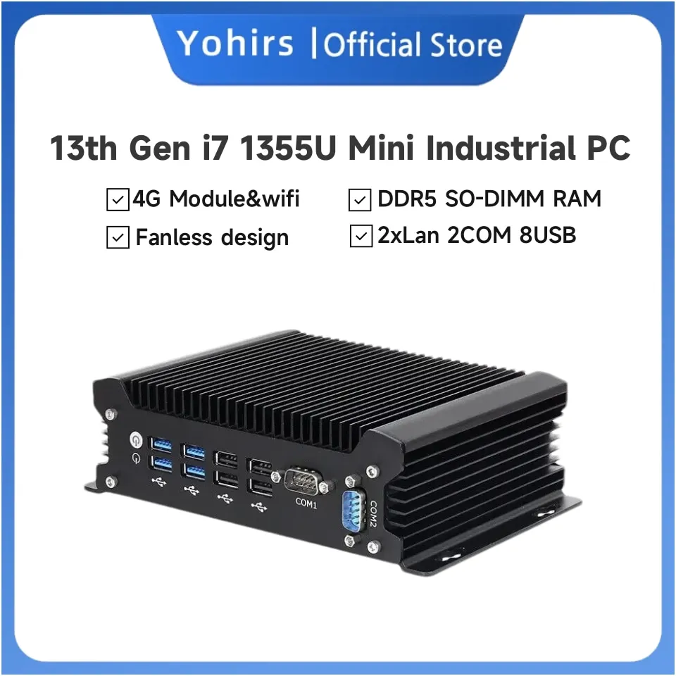 كمبيوتر صغير صناعي بدون مروحة من الجيل الثالث عشر Core i7 1355U 1255U i5 1235u DDR5 2 * DB9 RS232 Com VGA HDMI 4G LTE كمبيوتر itx صغير معدني