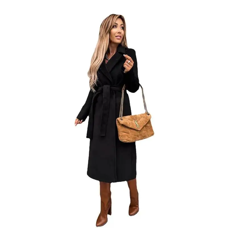 Pure Color Long Sleeve Woolen Coat With Belt Street Style Gothic Wind For Women Elegant And Sophisticated Autumn Winter Outer...