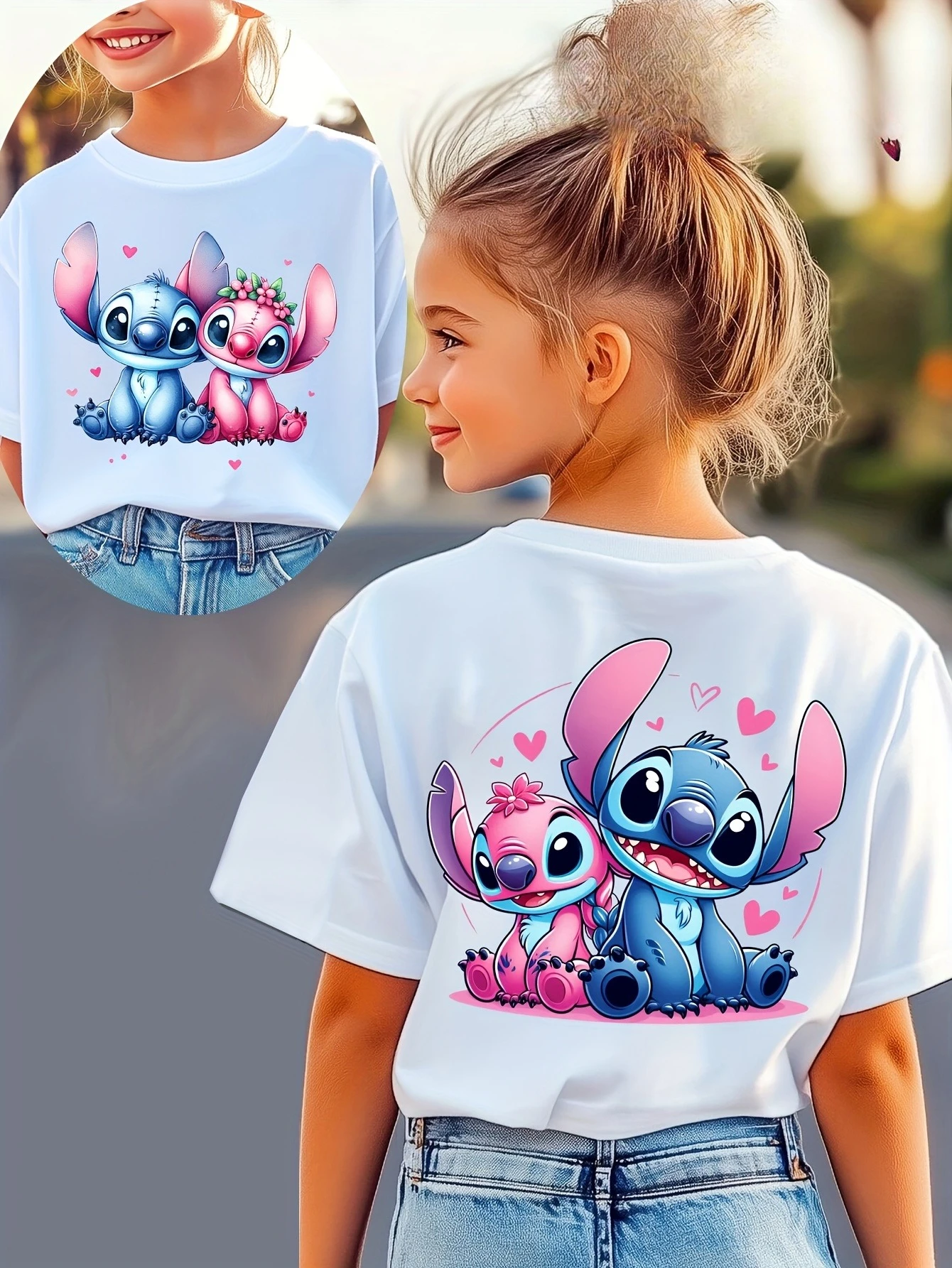 الفتيات أزياء غرزة طباعة تي شيرت شخصية الكرتون على الوجهين عارضة طاقم الرقبة الشارع الشهير متعة غرزة الاطفال الملابس القطنية