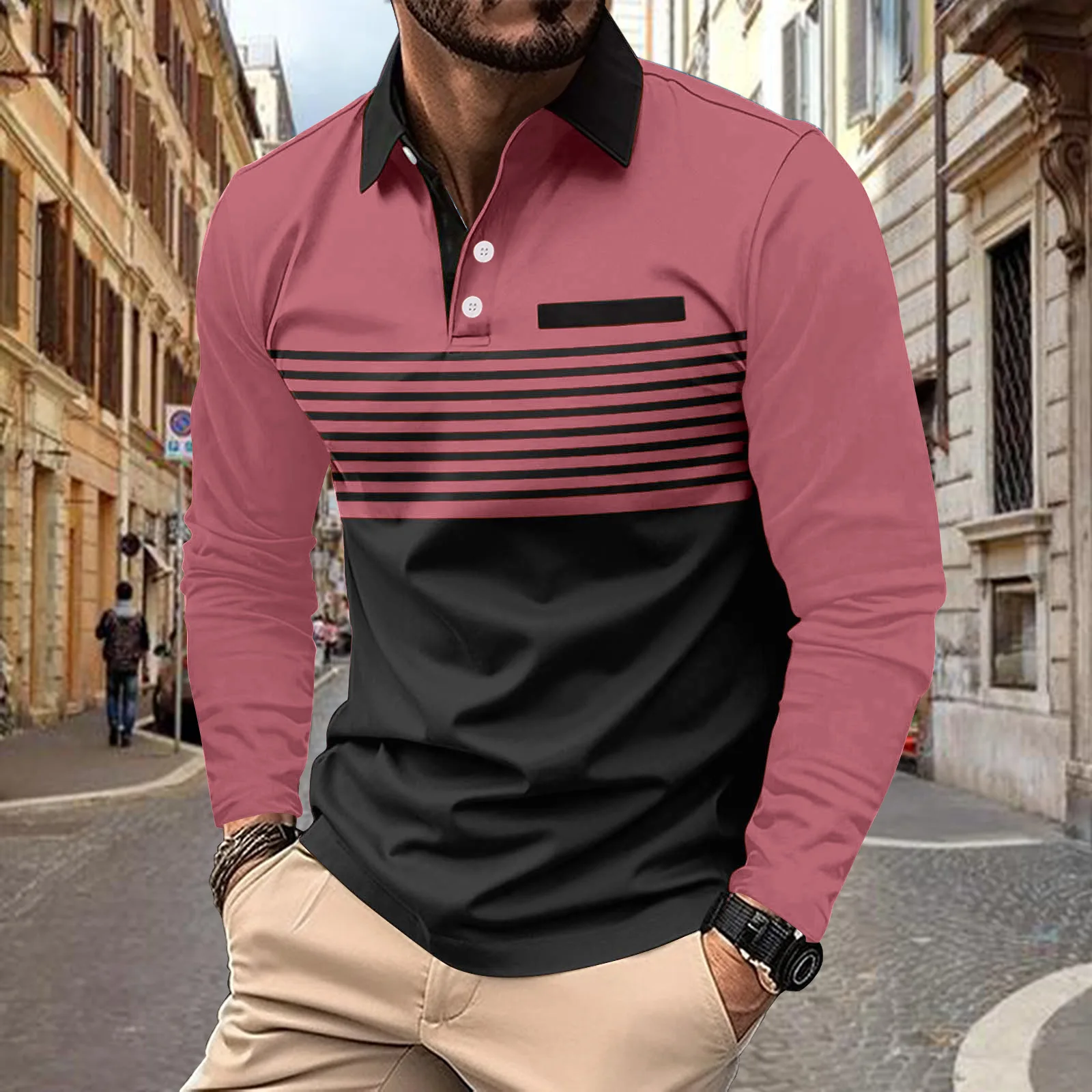 Nueva camisa POLO para hombre, camiseta informal ligera con solapa de bolsillo, camiseta de manga larga holgada con estampado de rayas de talla