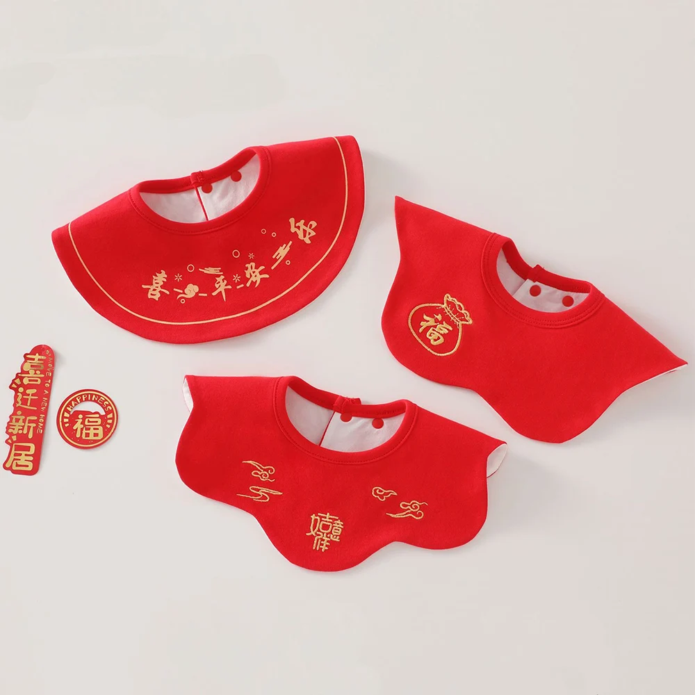 Newborn Baby Red Bibs 0-3 Years Baby Girls Boys 100% Cotton Embroidery 360° Adjustable Bibs